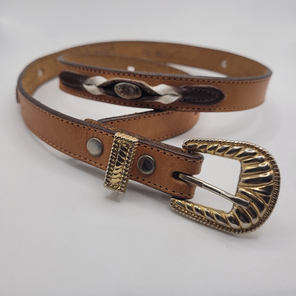Vintage Circle Y Belt 28 Brown Leather Western Tooled Gold Buckle Cowgirl Rodeo